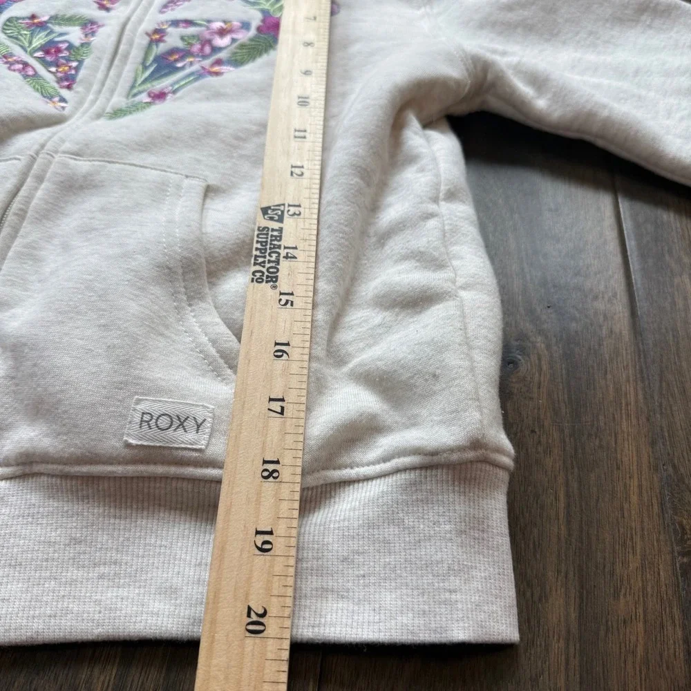 Roxy Hoodie Girls Size M 10/12 Oatmeal Excellent Sherpa Lined Floral Heart Zip